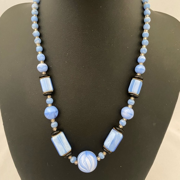 Czechoslovakia Jewelry - Vintage Czech glass light blue and black bead necklace
